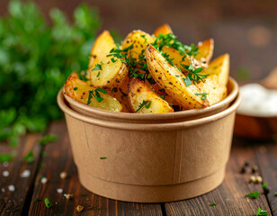 Golden roasted potato wedges with herbs and spices served in a paper cup. Crispy outside, tender inside, garnished with fresh parsley, perfect as a snack or side dish.
