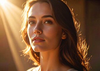 Portrait of a young woman with natural beauty, softly illuminated by warm sunlight. Golden rays highlight her hair and skin, creating a serene and radiant atmosphere.