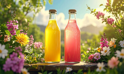 Two glass bottles with yellow and pink refreshing drinks placed outdoors among blooming flowers. Bright summer scene with vibrant colors, natural sunlight and fresh atmosphere.
