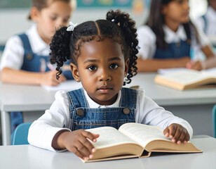 Young girl in school uniform sitting at desk with open book in classroom. Focused child learning while classmates study in background, education and knowledge concept.
