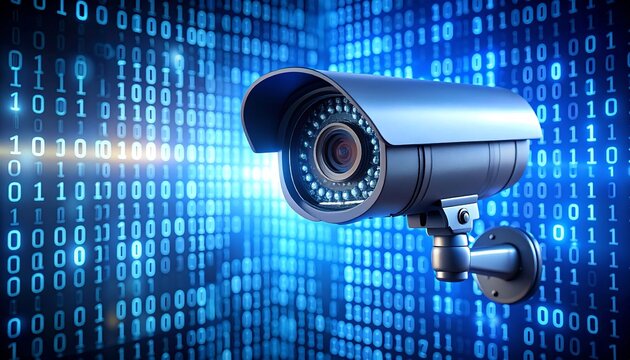 Surveillance camera against binary code backdrop