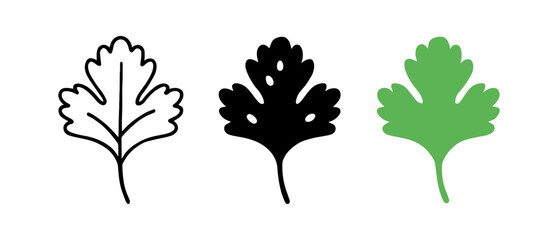 Set of simple flat herb leaves: outline, silhouette, and filled green parsley design