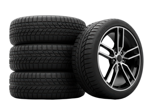 Isolated new car tires stacked with alloy wheel ready for mounting on a vehicle, studio shot