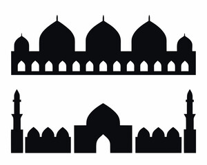 Black silhouette of islamic mosques with domes and minarets