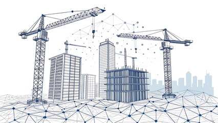 Construction cranes and unfinished buildings with digital network overlay skyscraper architecture