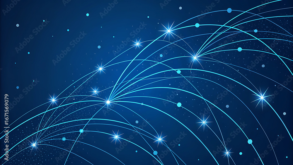 Poster abstract blue network of glowing lines and stars on a dark background connection technology