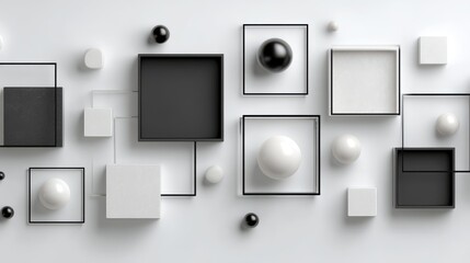 Abstract composition of geometric shapes and spheres in black and white on a clean background