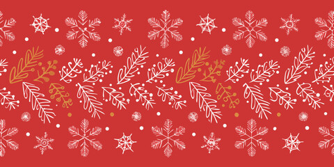 Festive red background with white and gold snowflake and branch border design