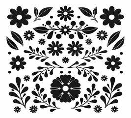 Decorative black and white floral pattern with folk art elements © bashanti