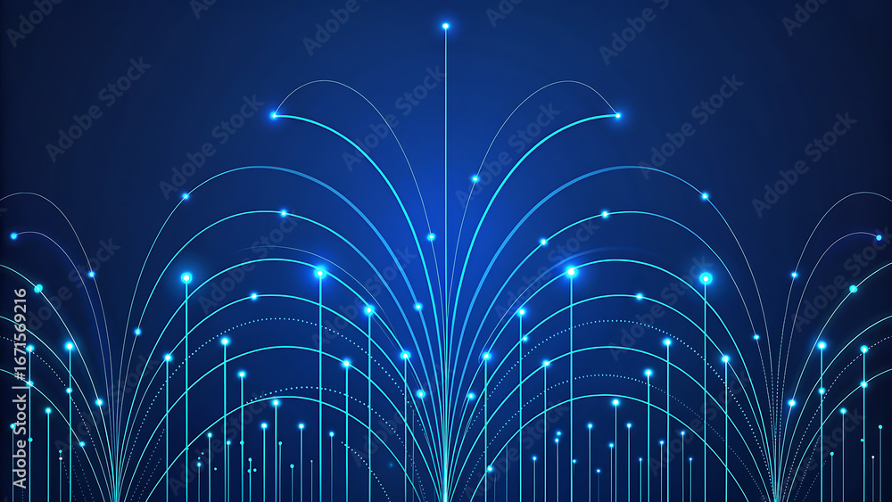 Poster abstract blue digital network lines with glowing lights spreading upwards technology connection