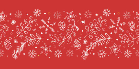 Seamless christmas border with snowflakes pine cones and stars on red background