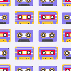 Retro cassette tape pattern with purple and yellow colors