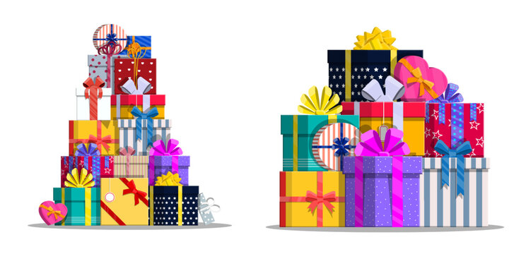 Stack of colorful gift boxes with ribbons and bows. Holiday present concept for celebration, birthday, Christmas, New Year, surprise, sale.