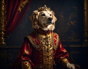 Regal canine in ornate robes and crown, seated on throne