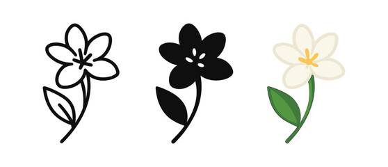 Stylized trio of floral designs in outline, solid, and color styles
