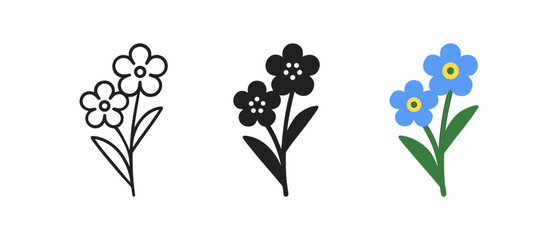 Three floral designs: outline, solid, and colorful blooms on white background