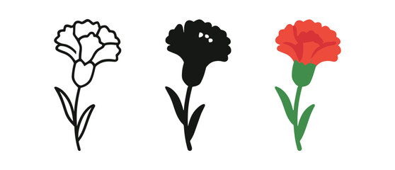 Floral art trio: outline, silhouette, and colorful carnation designs on white background