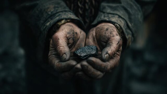 Holding Coal: A weathered pair of hands cradle a piece of coal, symbolizing the raw essence of industry, labor, and the tangible reality of hard work.