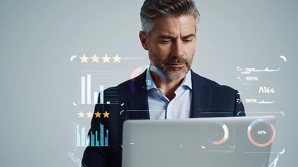 Businessman using AI analytics tools and KPI report dashboards for data driven decision making, tracking growth performance, business reporting, data visualization and team productivity tracking - Powered by Adobe