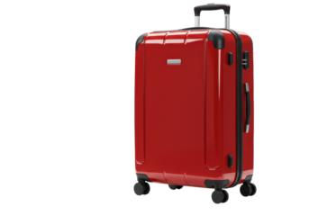 Isolated red suitcase upright shiny modern luggage for travel, vacation ready to pack, rolling bag
