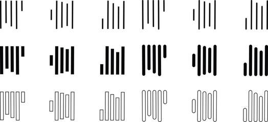 Align line icon set with vertical alignment, bar and equalizer style symbols. Collection of solid and outline vector icons for UI, UX, apps, charts, graphs, typography, design and document layout
