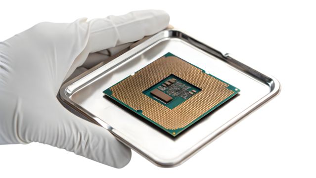 Hand holding a digital circuit board on a tray - Powered by Adobe