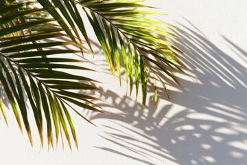 Fototapeta premium Sunlight falls on palm fronds, casting shadows on a textured white wall, creating a tropical, minimalist aesthetic