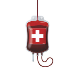 Donate blood save lives concept transfuse blood bag with white cross symbol
