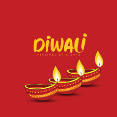 Diwali card featuring traditional oil lamps with glowing flames and decorative elements on a warm festive background.