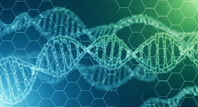 DNA helix with hexagonal patterns in blue and green colors, background   - Powered by Adobe