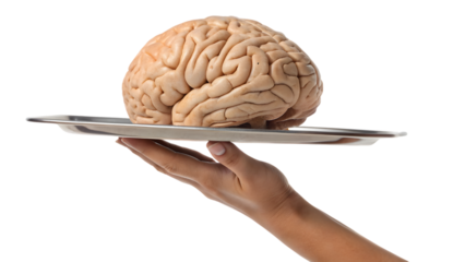 hand holding a brain on tray isolated on white