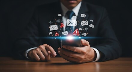 Businessman using smartphone with email and virus alerts