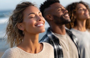 a group of friends, two women and three men standing on the beach at sunset looking into distance with their eyes closed in meditation