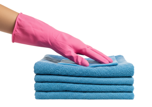 Isolated hand wearing a pink cleaning glove, touches a stack of fluffy, folded, blue towels