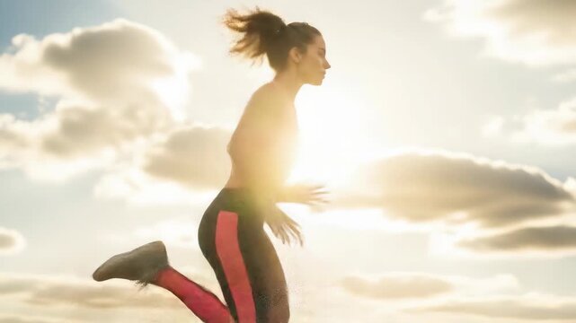 A fit woman running against a bright sky, capturing a dynamic sequence of movement and dedication to fitness, video footage.