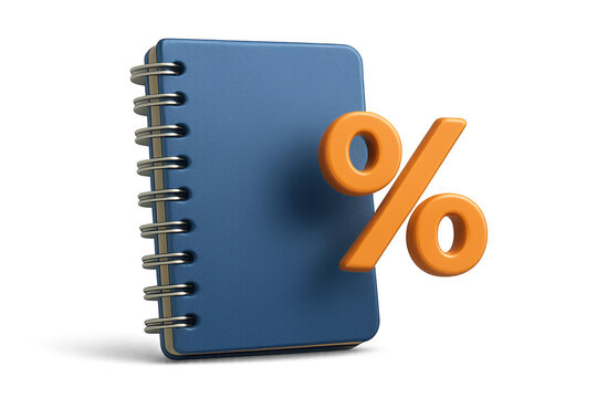 Back to school sale concept with blue spiral notebook and orange percent symbol representing discount and education promotion isolated on transparency background