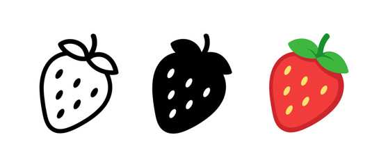 Minimalist strawberry designs in outline, solid, and colorful styles
