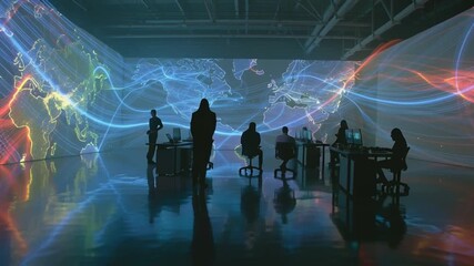 immersive office space, floor ceiling projection walls displaying living world map, animated lines countries, moving light walls faces, team working silhouette, cinematic perspective, ultra lighting - Powered by Adobe