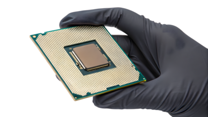 hand with a computer processor microchip, a digital technology component with pins on a circuit board, symbolizing a business industry part