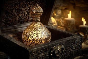 Ornate golden perfume bottle nestled within a carved wooden chest.