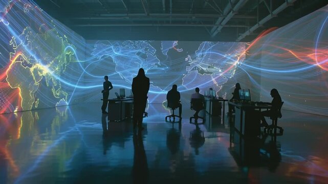 immersive office space, floor ceiling projection walls displaying living world map, animated lines countries, moving light walls faces, team working silhouette, cinematic perspective, ultra lighting