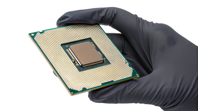 hand with a computer processor microchip, a digital technology component with pins on a circuit board, symbolizing a business industry part