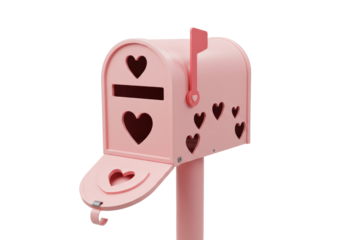 Isolated pink mailbox with heart-shaped holes, lid open and flag up for Valentine’s Day
