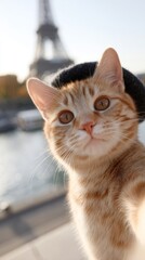 A charming ginger cat poses for a selfie near the Eiffel Tower. This bright image captures joy and adventure in a stunning outdoor setting. Perfect for animal lovers and travel enthusiasts. AI