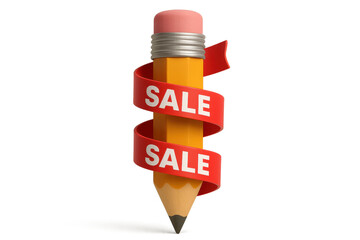 Back to school sale concept with yellow pencil wrapped in red ribbon featuring word sale, perfect for promoting educational discounts and cheerful shopping events