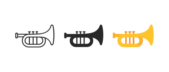 Three trumpet icons in linear, silhouette, and color styles on white background