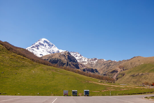 Scenic view of the Caucasus Mountains near the Gergeti Trinity Church in the northern region of Georgia