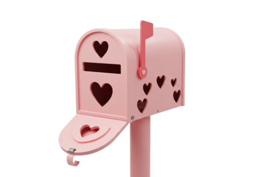 Isolated pink mailbox with heart-shaped holes, lid open and flag up for Valentine’s Day