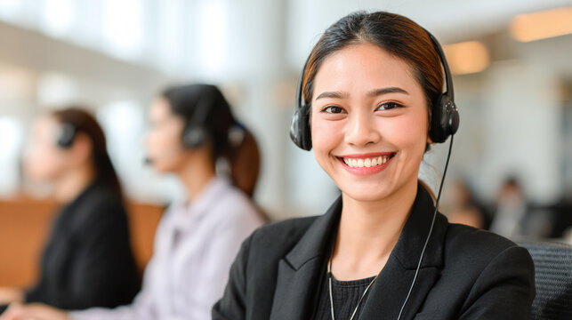Friendly customer service agent smiling while wearing a headset in a bright call center. Professional and approachable support specialist.