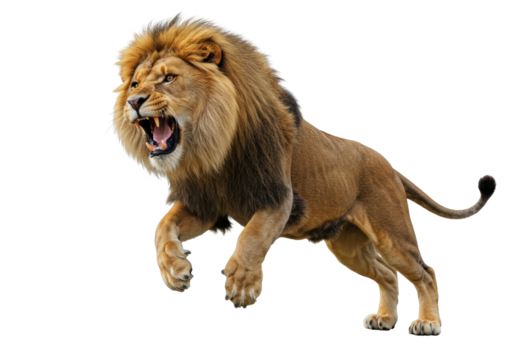 Isolated snarling lion leaping through the air showing aggression and teeth during a hunt